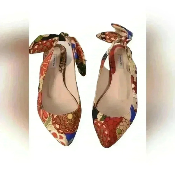 CARVEN Beige Red Multi Pointed Nylon Slingback  Floral Riviera Flat 7.5US Italy - Picture 2 of 6